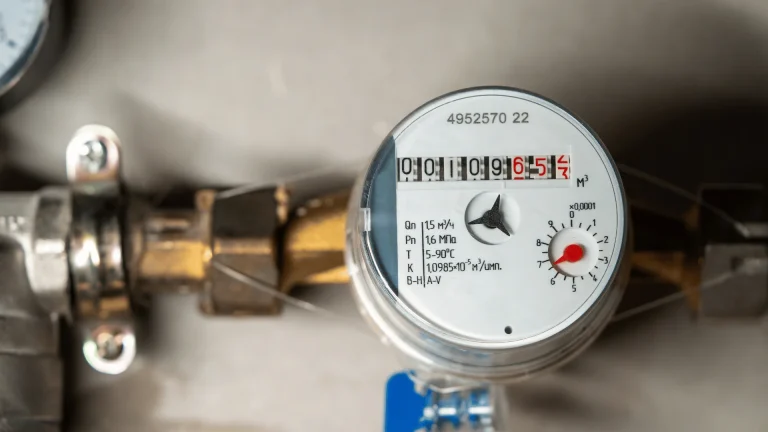 Close-up of residential water meter connected to plumbing pipes