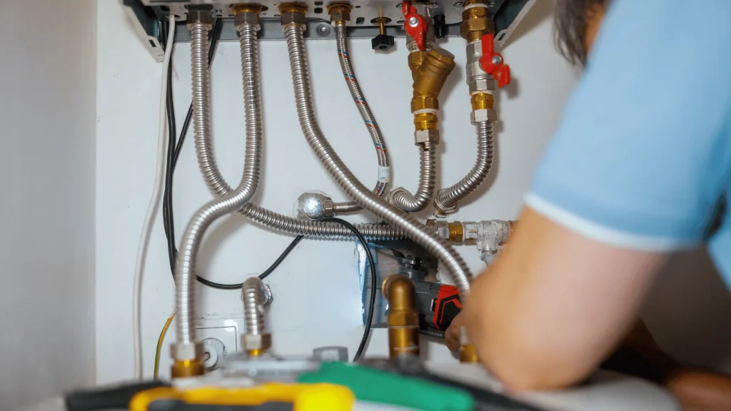 Plumber inspecting water heater pipes and connections